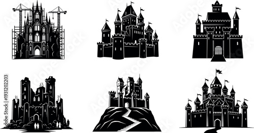 Medieval castle silhouette collection with fantasy fortress, gothic palace and fairytale kingdom architecture vector illustration isolated on white background