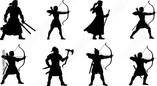 Medieval warrior and archer silhouettes with sword bow and battle axe fantasy fighter character vector illustration set for historical combat and game design
