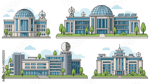 Collection of modern research or corporate campus buildings featuring glass domes, satellite dishes, and solar panels for technology.