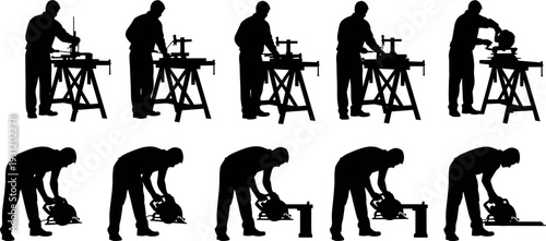 Metal worker and carpenter silhouettes using circular saw and workshop tools, industrial cutting process vector illustration isolated