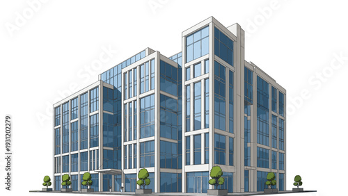 Large perspective architectural drawing of a contemporary corporate office building with blue glass windows and white framing.