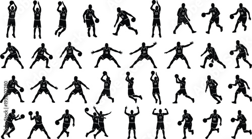 Basketball player silhouette vector set, dynamic sports action poses, dribbling shooting dunking isolated on white background
