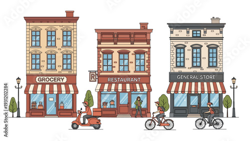 Charming street scene with a grocery store, restaurant, and general store storefronts with people on bicycles and a delivery scooter.