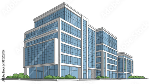 Perspective drawing of a large modern glass office building with white structural supports and green bushes at the base.