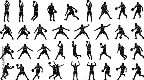 Basketball player silhouette vector collection, dynamic sports action poses dribbling shooting dunking isolated background