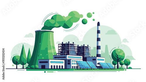 Eco-friendly power plant using renewable energy sources and solar panels to reduce carbon footprint in a flat vector style.