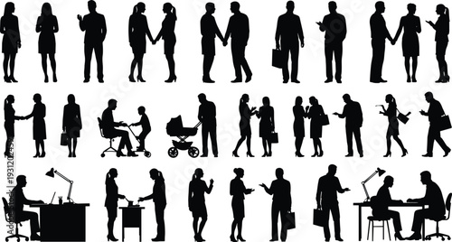 Diverse people silhouettes collection featuring business professionals and active families in various lifestyle and office settings