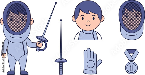 Fencing Sport Vector Illustration Set with Male Fencer Character Holding Epee Foil Sword Mask Glove and Gold Medal Icons