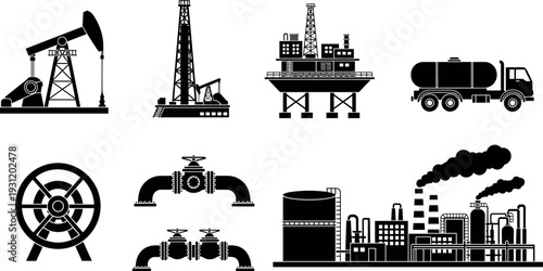 Oil and gas industry silhouette icon set with refinery plant, offshore platform, pumpjack, pipeline valve and tanker truck isolated vector illustration