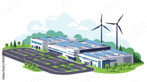 Renewable energy industrial hub with extensive solar panel arrays and wind turbines promoting sustainable logistics and manufacturing.