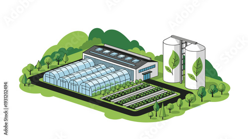 Advanced sustainable farming facility with modern greenhouses and vertical storage silos surrounded by lush green trees and fields.