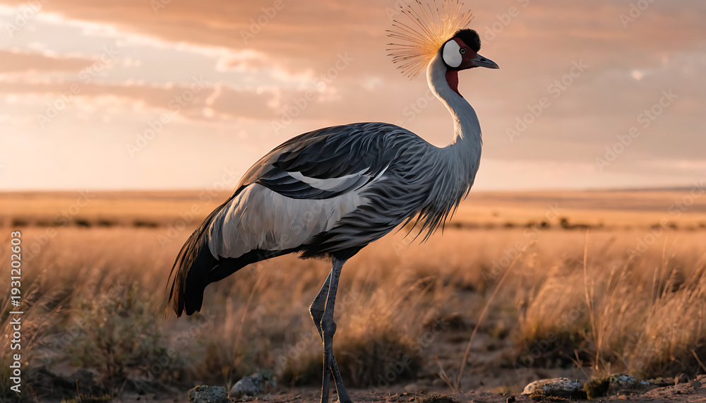 Fototapeta premium Majestic grey crowned crane standing in golden savanna at sunset with elegant plumage