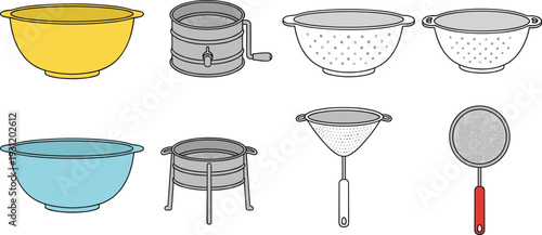 Kitchen Colander and Strainer Icon Set with Mixing Bowls, Flour Sifter, and Cooking Utensils for Food Preparation and Culinary Design
