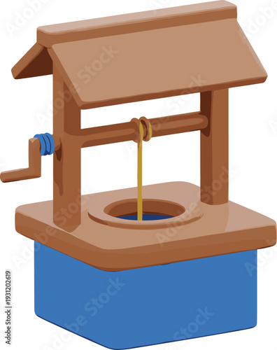 Isometric Water Well Illustration with Wooden Roof, Rope, and Bucket for Rural Village, Farm, and Traditional Vector Design Concepts