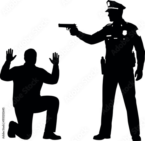 Police officer arresting suspect silhouette with raised hands criminal surrender law enforcement crime scene black vector illustration isolated