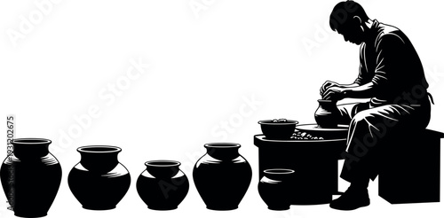 Potter shaping clay pottery on wheel with traditional ceramic pots silhouette illustration representing handmade craft artisan work and pottery making process isolated