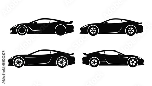 Four black sports cars in a row on a white background isolated on white background, Vector
