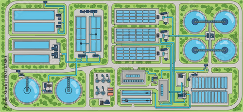 Detailed industrial complex layout illustration with tanks, facilities, and pipelines viewed from above.