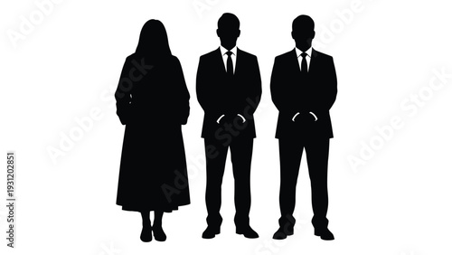 Three business people in black silhouette standing together isolated on white background, Vector