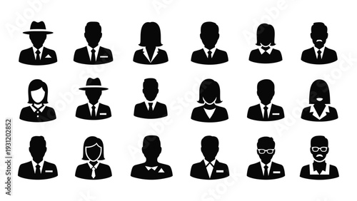 A group of black silhouettes of people wearing business attire isolated on white background, Vector