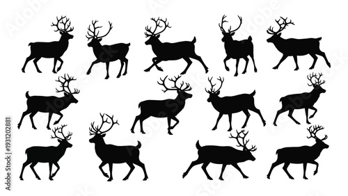 A group of deer silhouettes running together isolated on white background, Vector