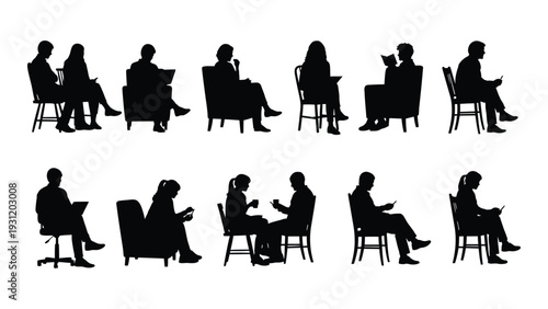 Silhouettes of people sitting in various chairs isolated on white background, Vector