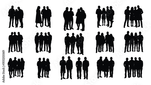 A collection of black silhouettes of people standing in groups isolated on white background, Vector