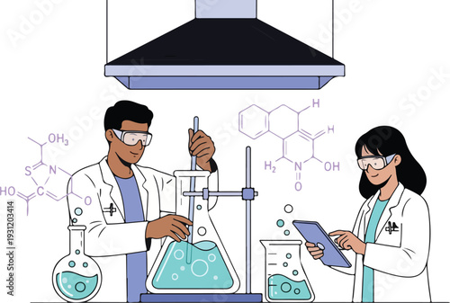 Scientists conducting experiments in a laboratory setting with various equipment and chemical reactions, viewed from the side, whisk_fo8o43_via_RJ_Whisk_Auto.eps