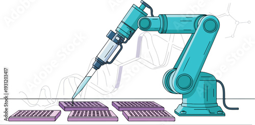 Robotic arm dispensing substance onto grids on a flat surface in a laboratory setting
