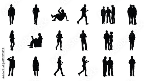 Collection of diverse human silhouettes in various poses and actions isolated on white background, Vector