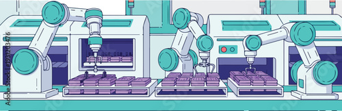 Automated robotic arms assembling machinery in a modern industrial factory setting from a high viewpoint