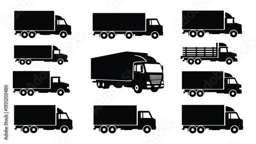 A collection of black truck silhouettes on a white background isolated on white background, Vector