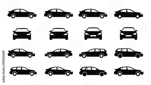 A collection of black car silhouettes on a white background isolated on white background, Vector