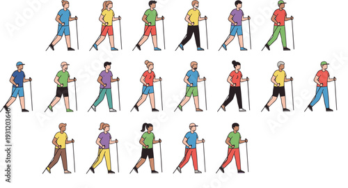 Nordic Walking People Illustration Set with Men and Women Using Trekking Poles for Outdoor Fitness, Healthy Lifestyle, and Vector Design Projects