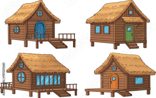 Rustic wooden cottages with thatched roofs village cabin houses countryside architecture cartoon style rural homes vector illustration set isolated