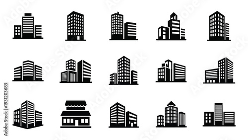A collection of black and white city skyline icons isolated on white background, Vector