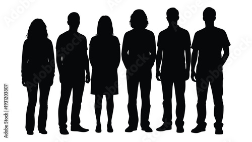 A group of six people standing in a line isolated on white background, Vector