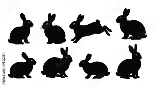 Seven black silhouettes of rabbits on a white background isolated on white background, Vector