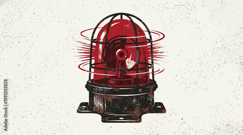 Vintage red warning siren light with spinning red rings, distressed texture