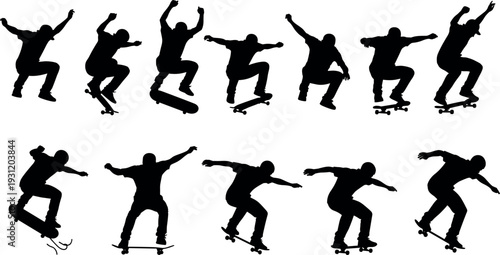 Skateboarder silhouette set performing jump tricks and aerial stunts, black extreme sports vector illustration collection isolated on white background for urban design