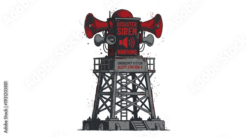 Vintage warning siren tower, emergency alert system, industrial design