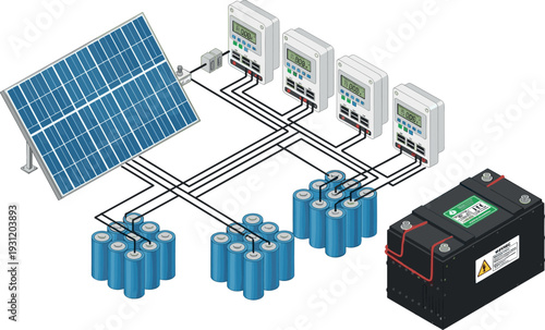 Solar power system diagram with photovoltaic panel battery bank charge controllers and energy storage setup illustrating renewable electricity generation and off grid power solution