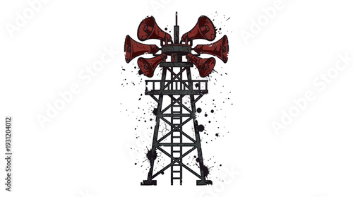 Emergency siren tower with multiple horns and distressed texture