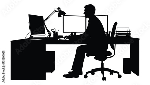A man sitting at a desk with a computer and lamp isolated on white background, Vector