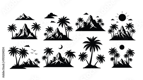 A collection of black silhouettes of palm trees and islands isolated on white background, Vector