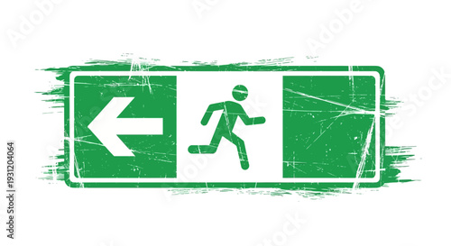 Green distressed exit sign with running man icon and arrow