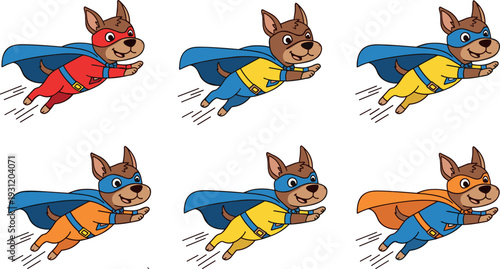 Superhero dog cartoon collection flying with cape and mask, colorful puppy character vector set isolated on white background for kids design