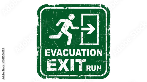 Green evacuation exit sign with running man icon and arrow, grunge texture