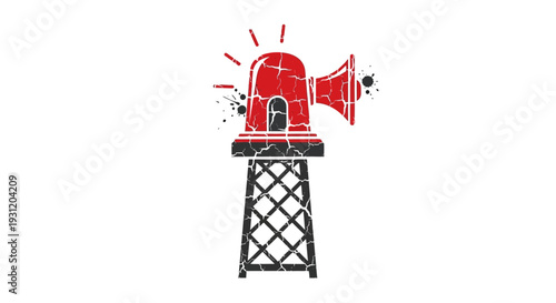 Red alarm siren on a tower, warning signal, emergency alert icon