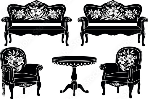 Vintage floral sofa and armchair set with round table, classic antique furniture silhouettes vector illustration isolated